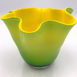 Vintage Gorgeous Designs Hand Blown Art Glass Handkerchief Vase Yellow Green 70s